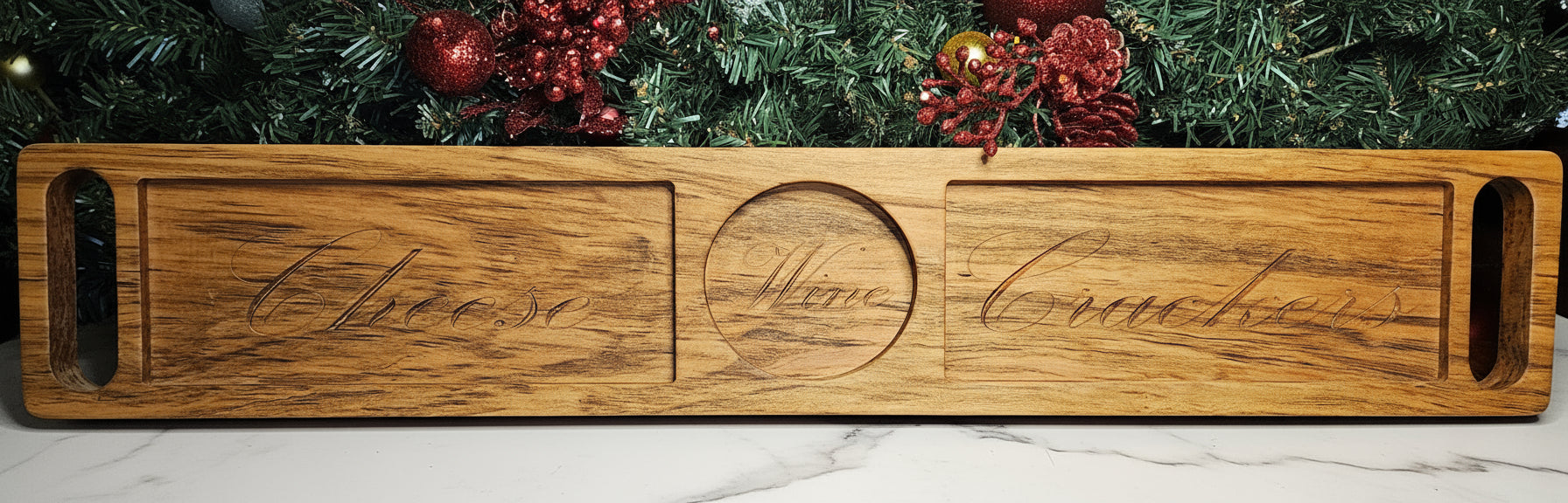 Cherry Cheese, Cracker and Wine Tray with engraved pockets.