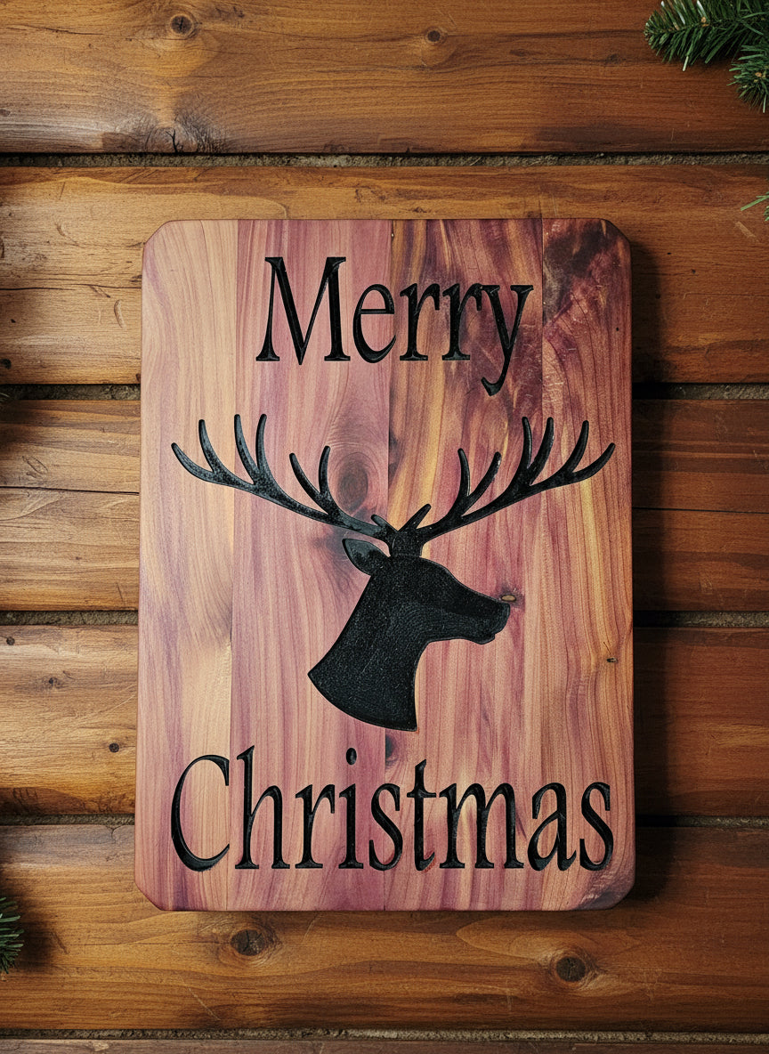Wooden sign with deer silhouette and 'Merry Christmas' text on a wooden surface.