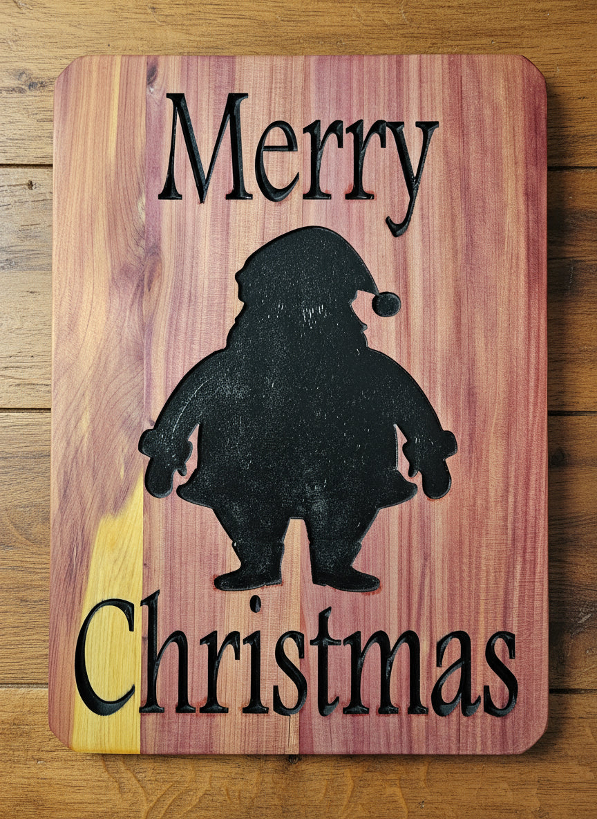 Wooden Christmas sign with Santa silhouette and 'Merry Christmas' text.