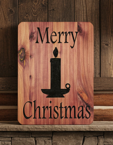 Wooden cedar sign with 'Merry Christmas' and a candle design on a decorative background.