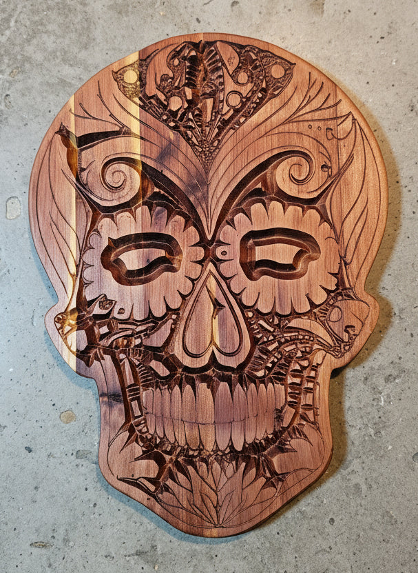 Wooden skull-shaped carving with intricate carvings.