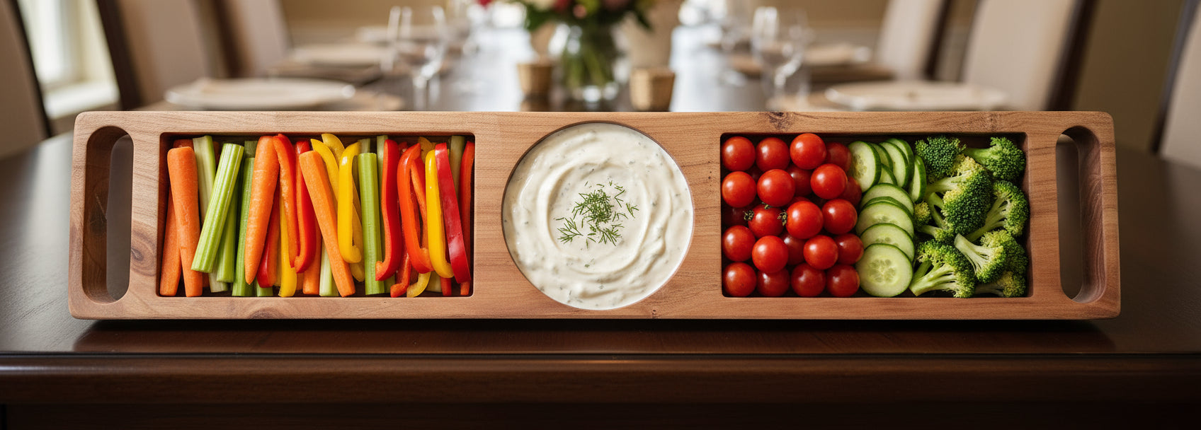Wooden vegetable tray with engraved text.